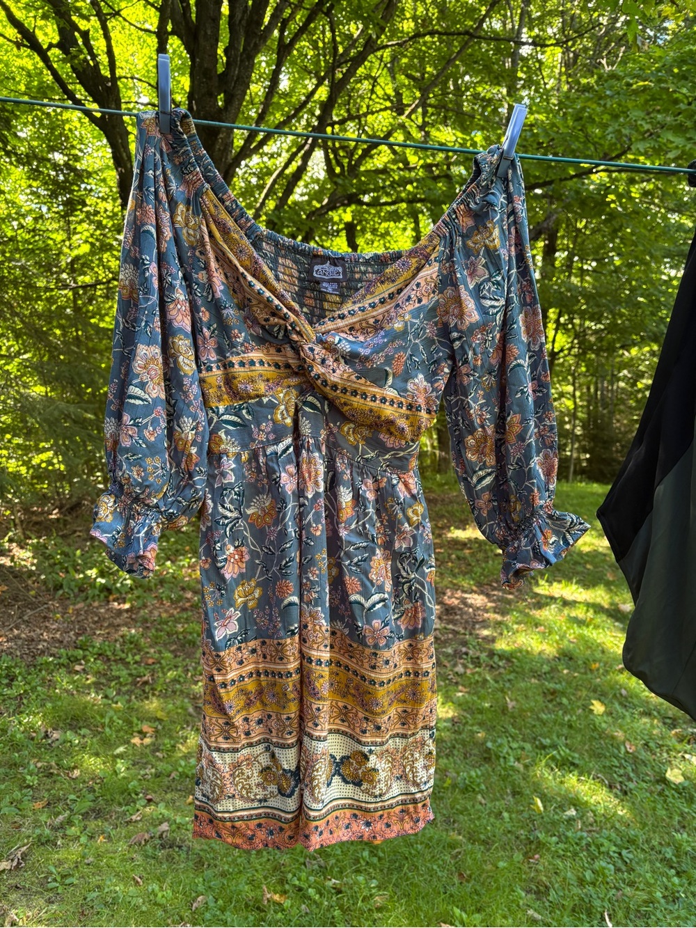 Angie Teal and Mustard Floral Long Sleeve Boho Dress